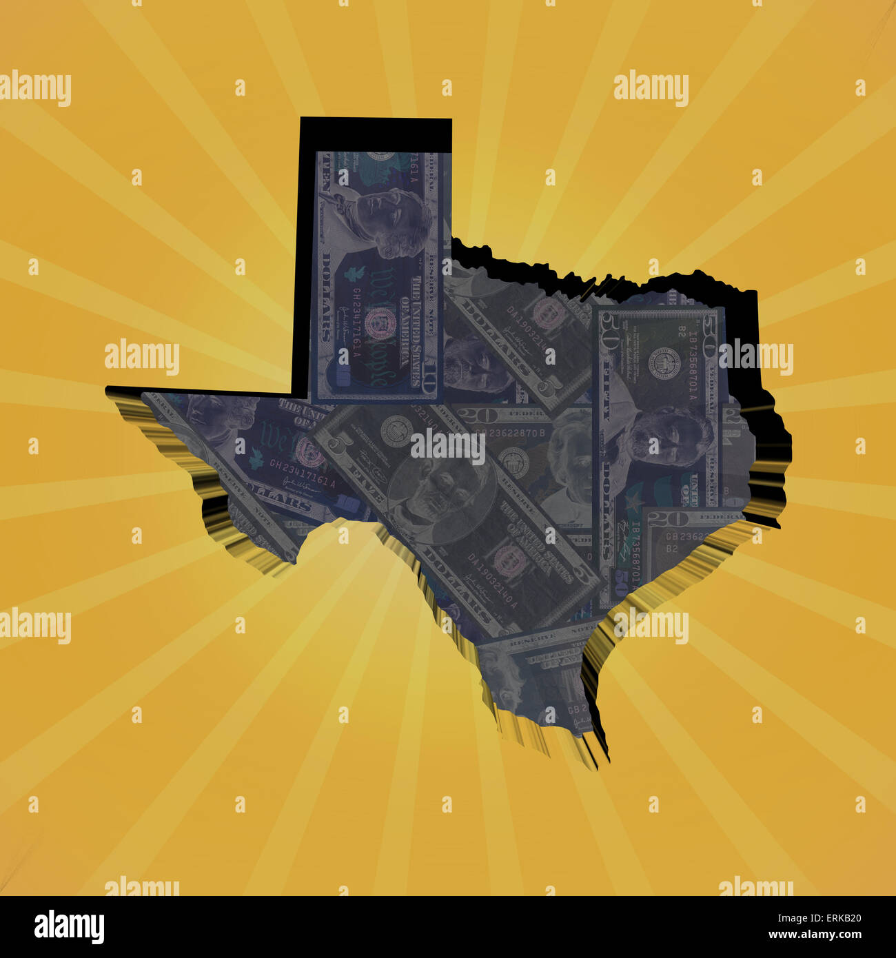 Texas map on dollars sunburst illustration Stock Photo