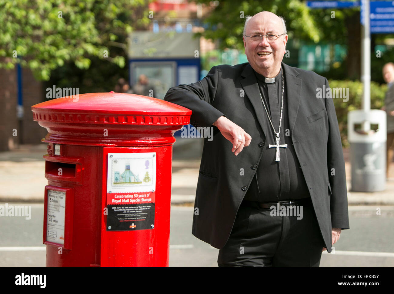 Liverpool Metropolitan Cathedral Stamp plaque unveiled on Oxford Street by Archbishop of Liverpool Most Rev Malcolm McMahon . Stock Photo