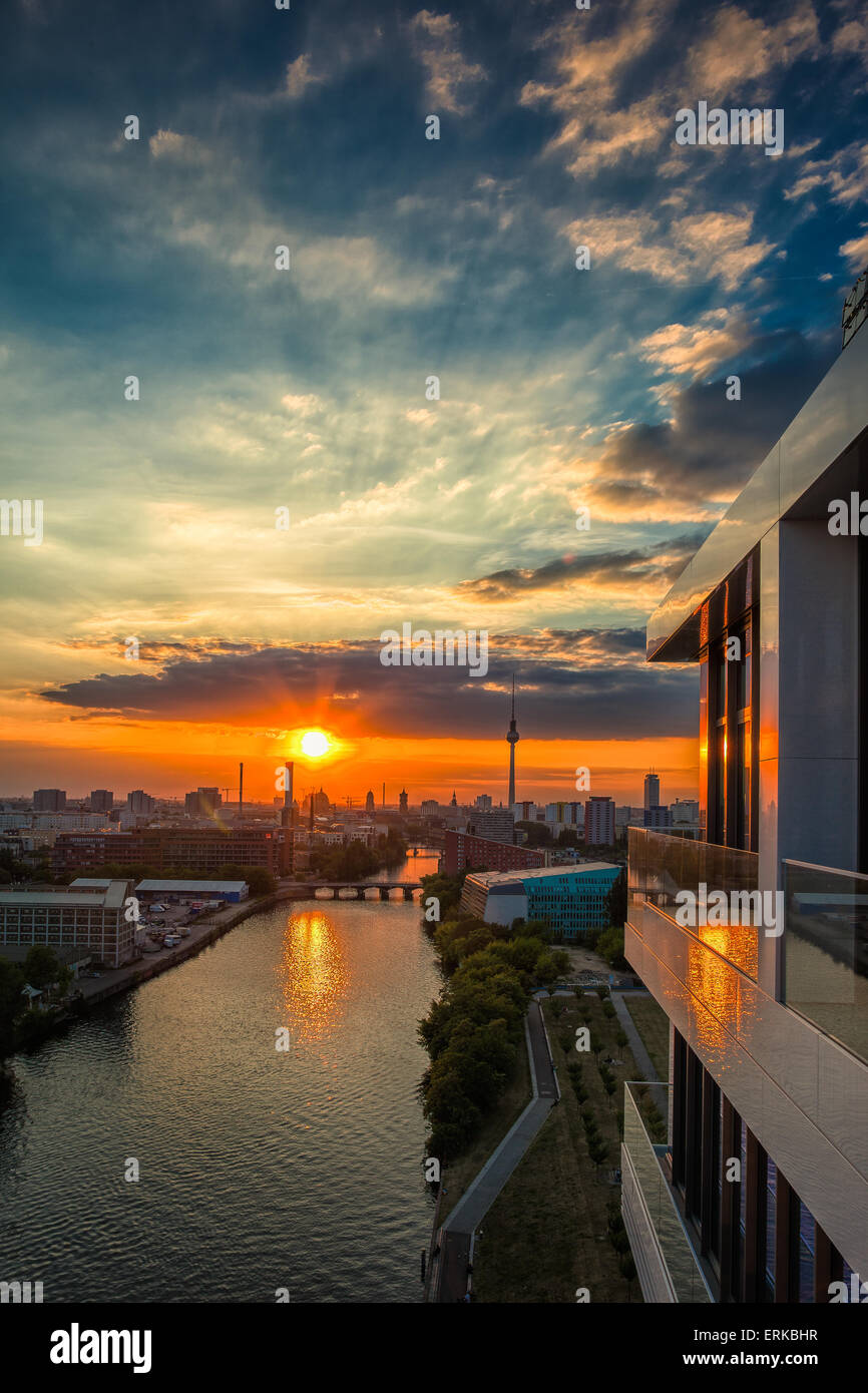 View from the Living Levels high-rise building on Berlin's East Side Gallery towards the city centre, Berlin, Germany Stock Photo