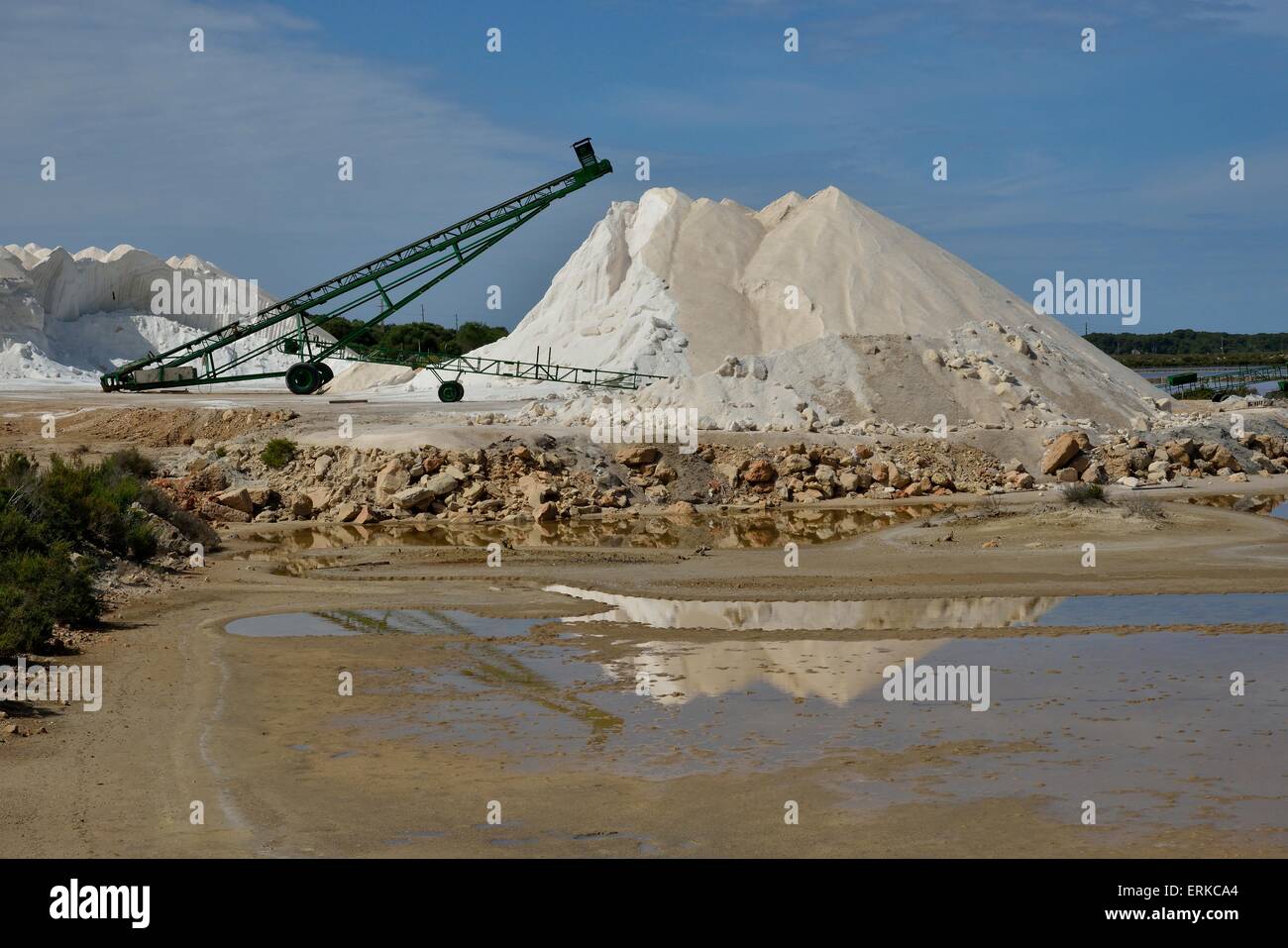 Sea salt heaps, Salinas de Levante, Salines de Llevant, saltworks near Es Trenc, Majorca, Balearic Islands, Spain Stock Photo