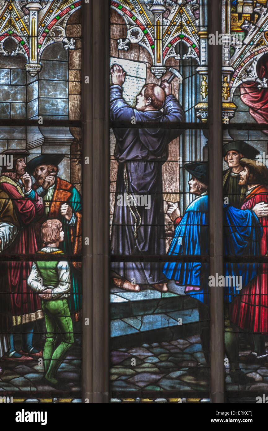 Stained glass window, Martin Luther posting his theses in 1517, interior, Memorial Church of the Protestation Stock Photo
