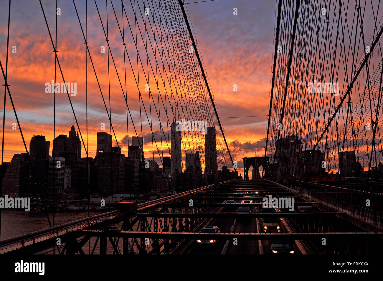 Brooklyn Bridge and Manhattan Skyline at sunset, Manhattan, New York ...