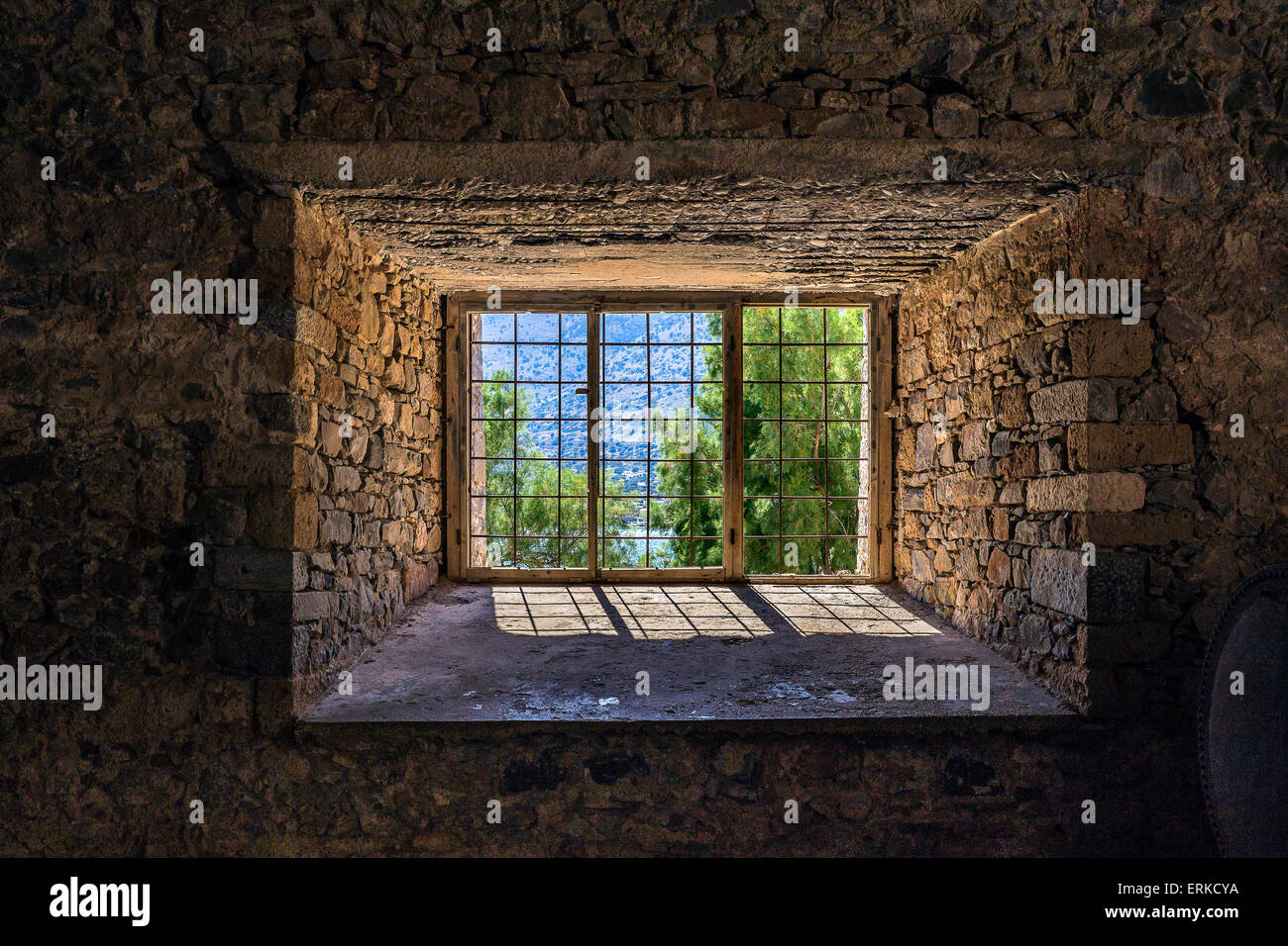 Window in Spinalonga fortress, northern entrance of the Gulf of Elounda, Spinalonga, Crete, Greece Stock Photo
