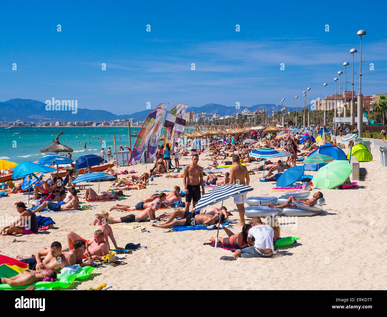 Crowded beach, Playa de Palma, Arenal, Majorca, Balearic Islands, Spain Stock Photo