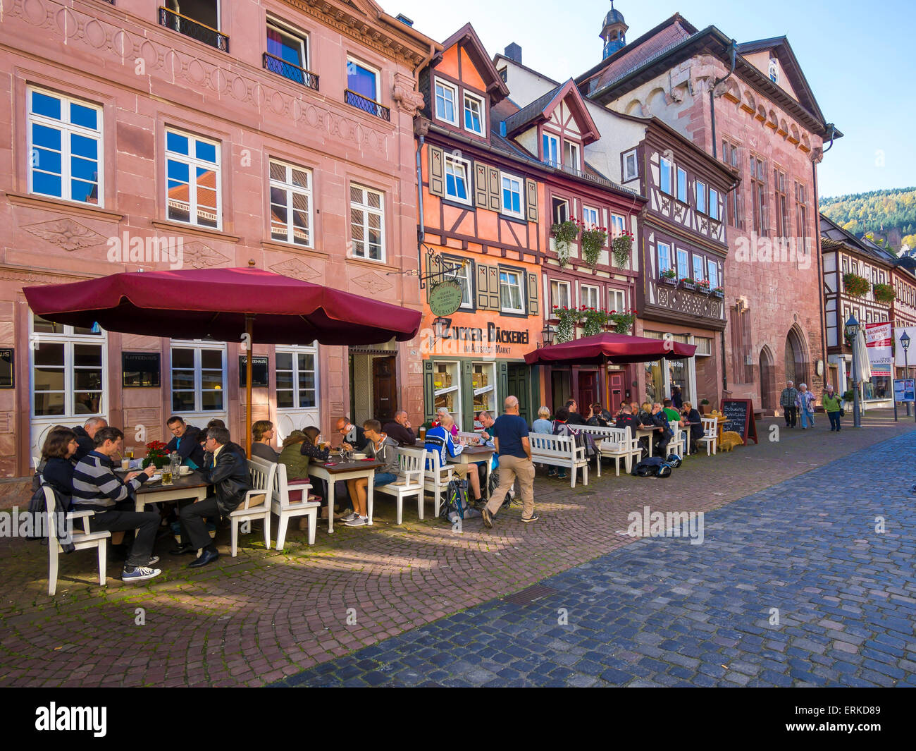 Historic centre with restaurants, Miltenberg, Mainfranken, Lower Franconia, Franconia, Bavaria, Germany Stock Photo