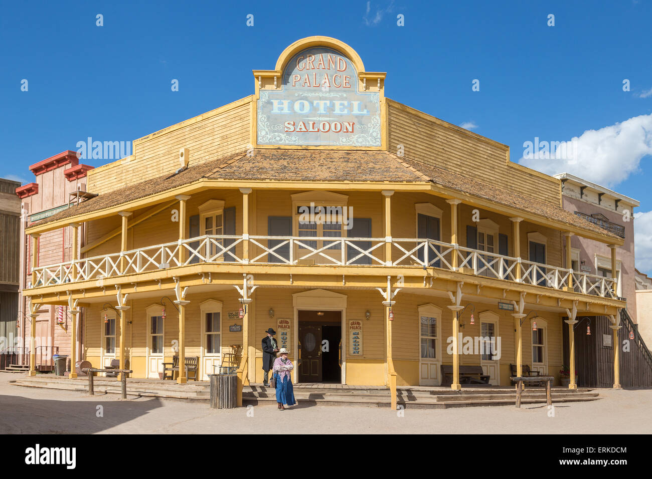 Wild West scenery, big hotel, historically dressed passers-by at the front, Old Tucson Studios, Tucson, Arizona, USA Stock Photo