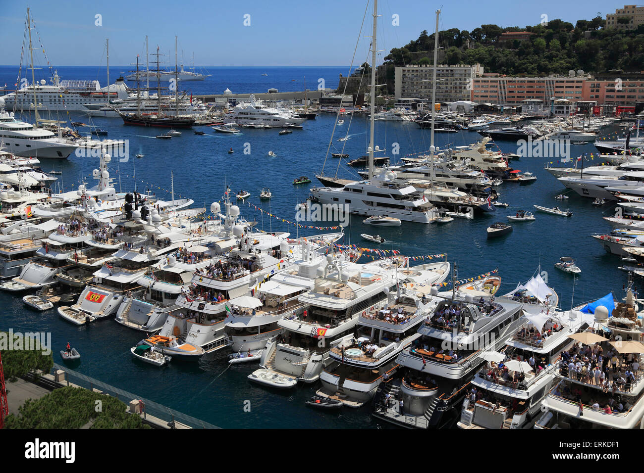 View of Port Hercule with yachts and cruise ships during the Formula 1 Grand Prix 2015, Principality of Monaco Stock Photo