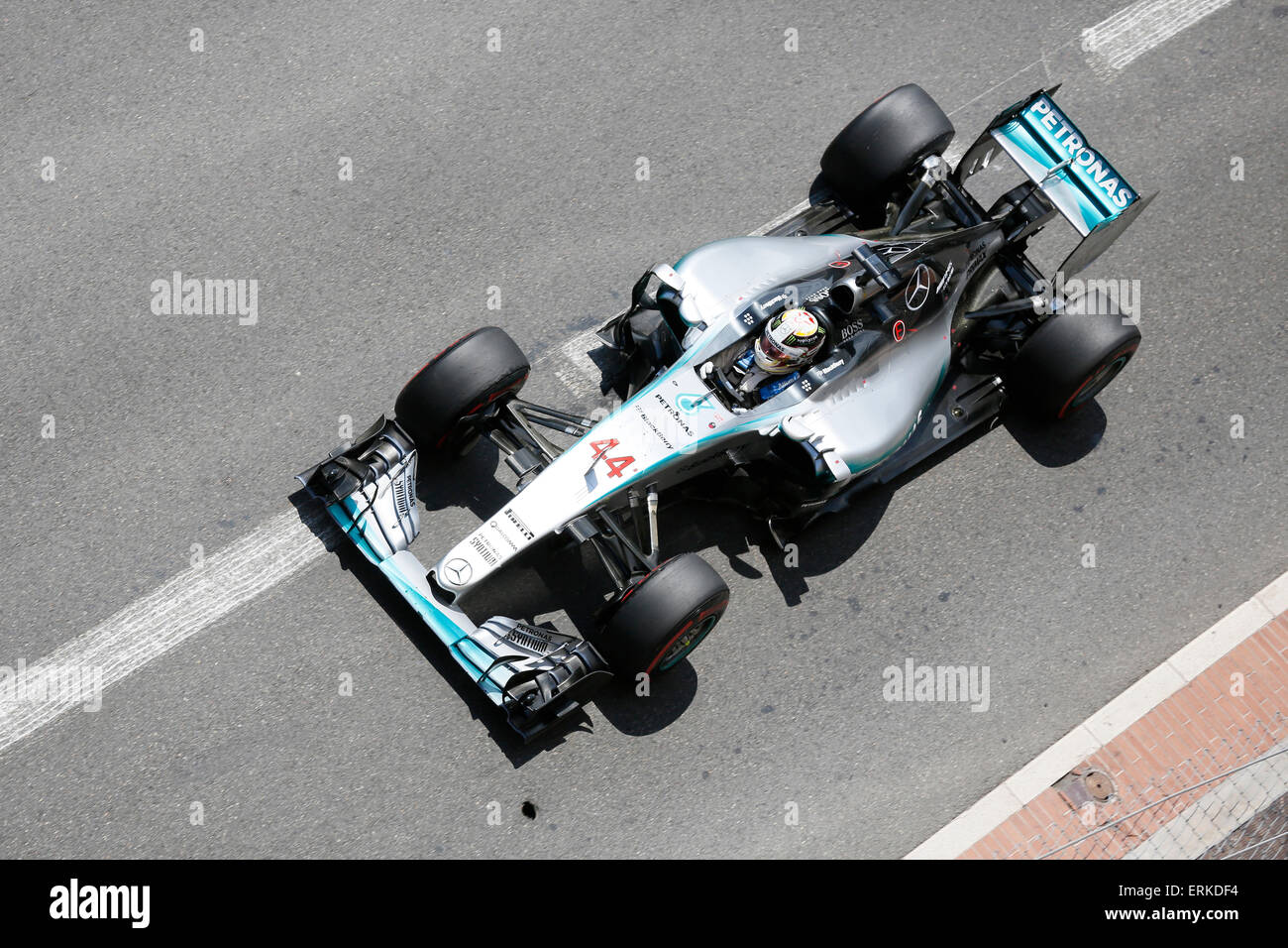 Mercedes racing car with Lewis Hamilton, Formula 1 Grand Prix Monaco 2015, Principality of Monaco Stock Photo