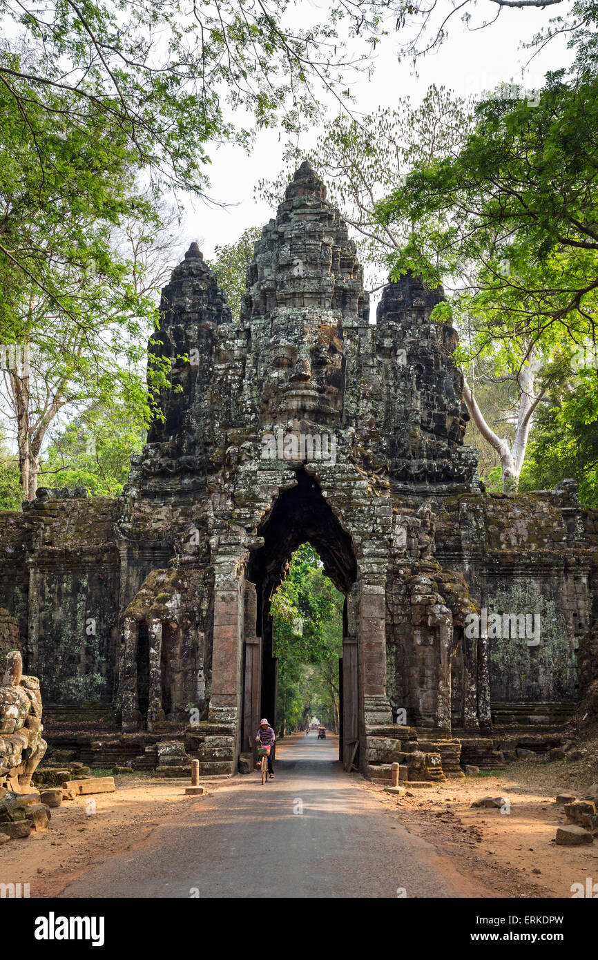 North Gate of Angkor Thom, Avalokiteshvara face tower, Gopuram, Angkor Thom, Siem Reap, Cambodia Stock Photo