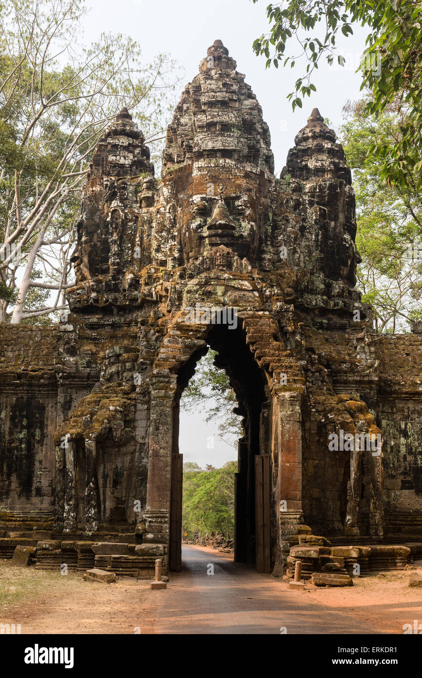 North Gate of Angkor, Avalokiteshvara face tower, Angkor Thom, Siem Reap, Cambodia Stock Photo