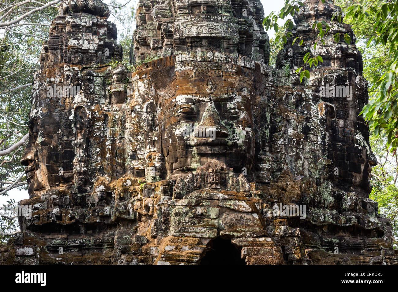 North Gate of Angkor Thom, Avalokiteshvara face tower, detail, Angkor Thom, Siem Reap, Cambodia Stock Photo