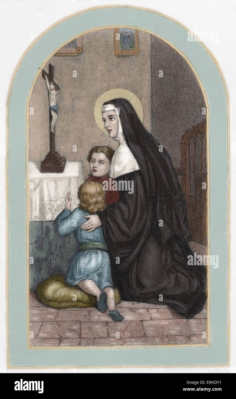 Saint Rita of Cascia (1381-1457). Italian Augustinian nun. Colored engraving. 19th century. Stock Photo