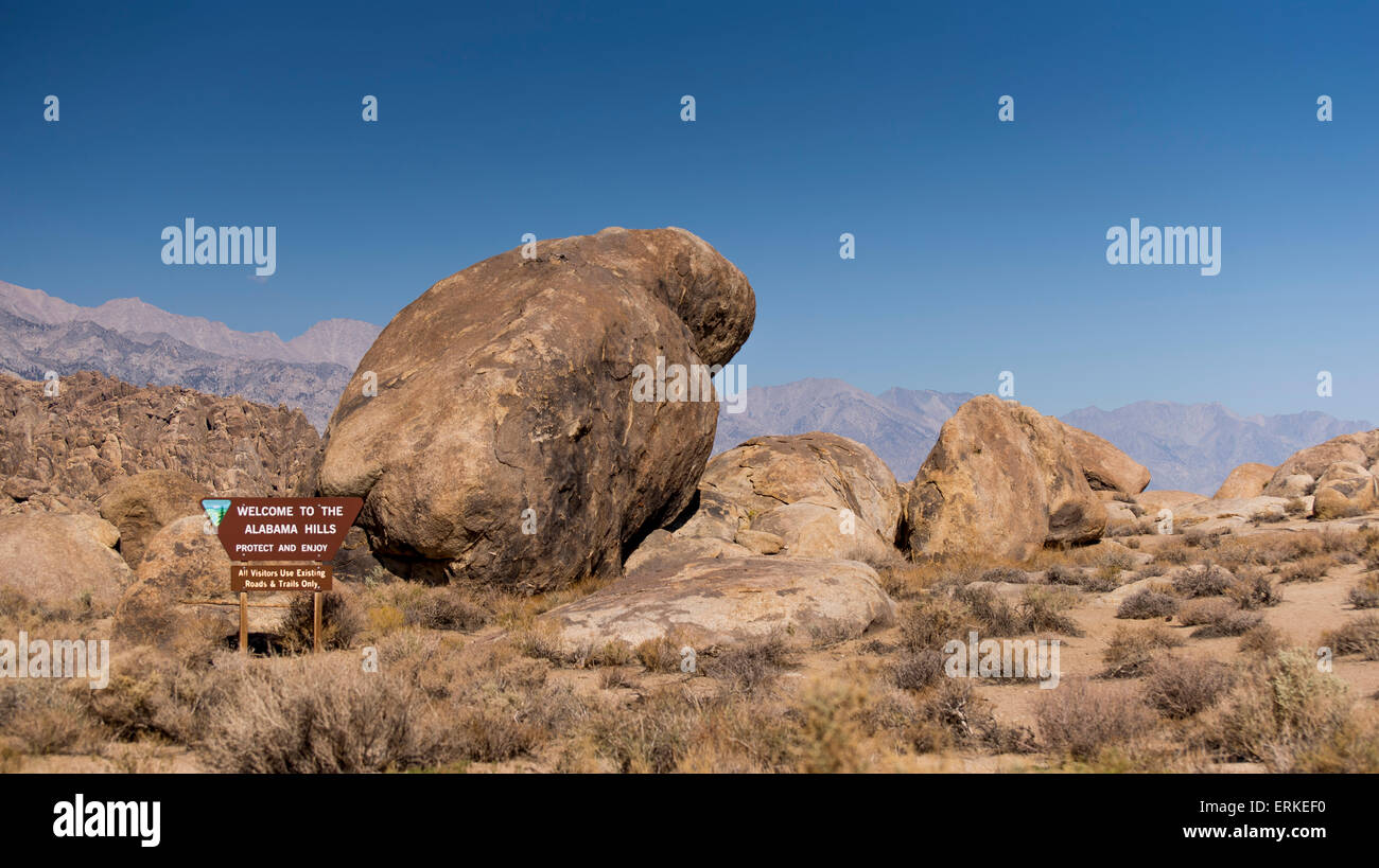 Granite rocks, Alabama Hills, sign at the entrance, Sierra Nevada
