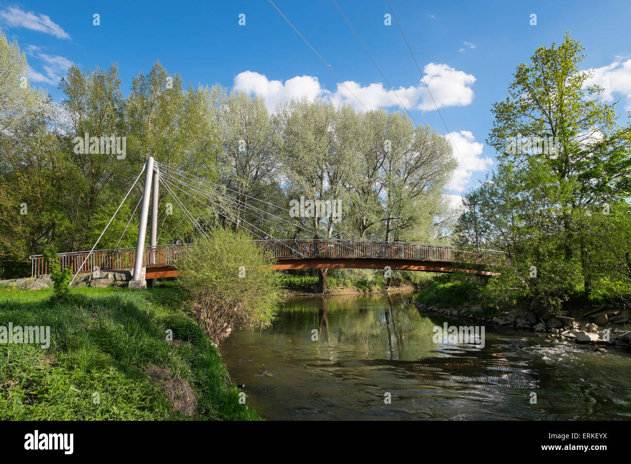 Bridge across Main confluence or Main origin, Kulmbach, Upper Franconia, Franconia, Bavaria, Germany Stock Photo