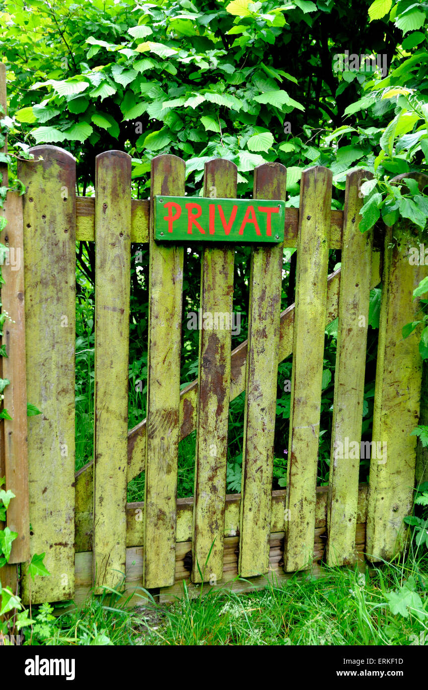 Garden gate with a sign "privat", Baden-Württemberg, Germany Stock Photo