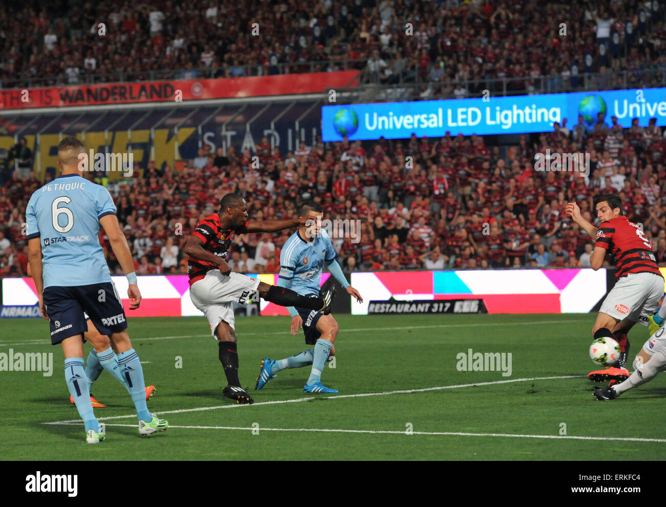 Sydney FC and the Western Sydney Wanderers played out a 1-1 draw in an entertaining A-League game  Featuring: Romeo Castelen shot deflected to goal by Tomi Juric Sydney FC v Where: Sydney, Australia When: 29 Nov 2014 Credit: WENN.com Stock Photo