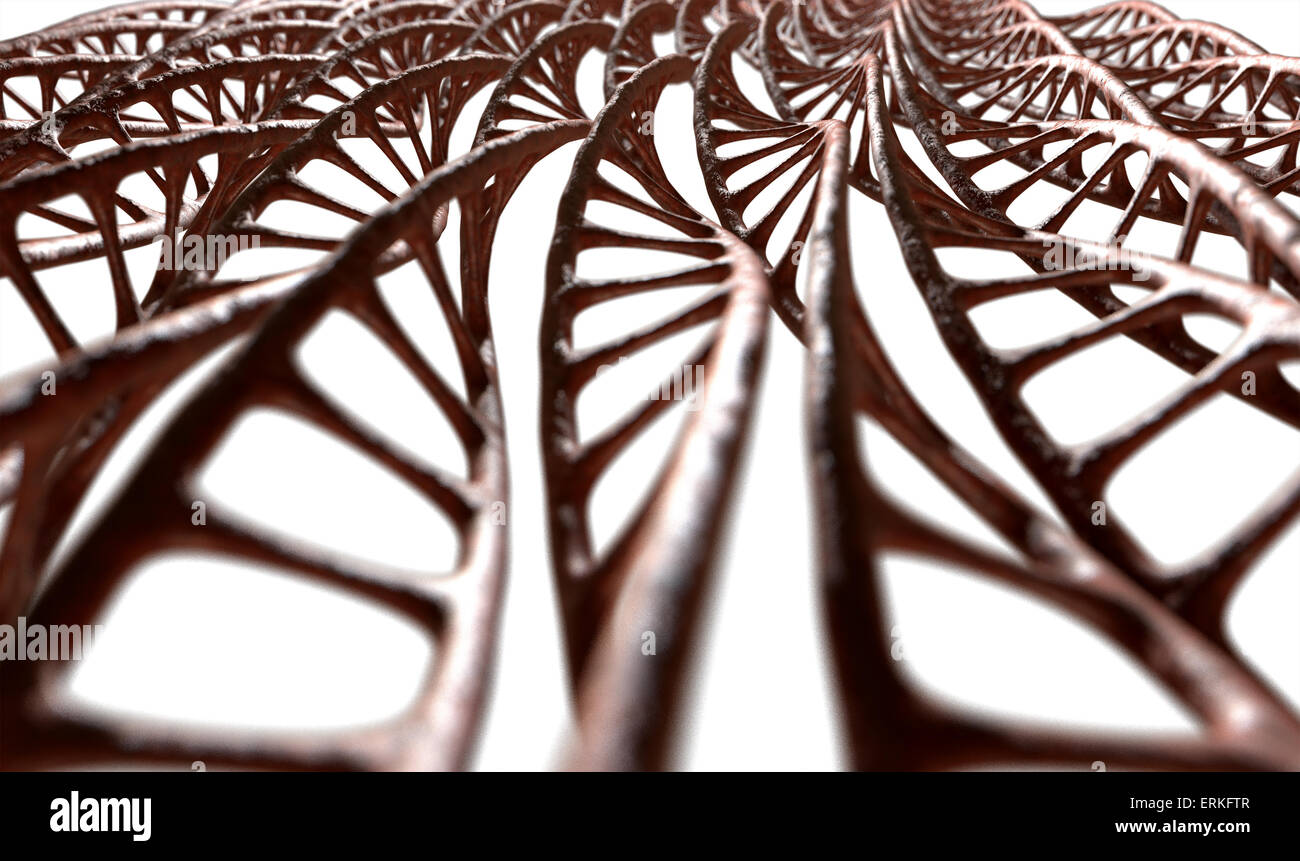 A microscopic view of sequenced pattern of DNA style strands of flesh on an isolated background