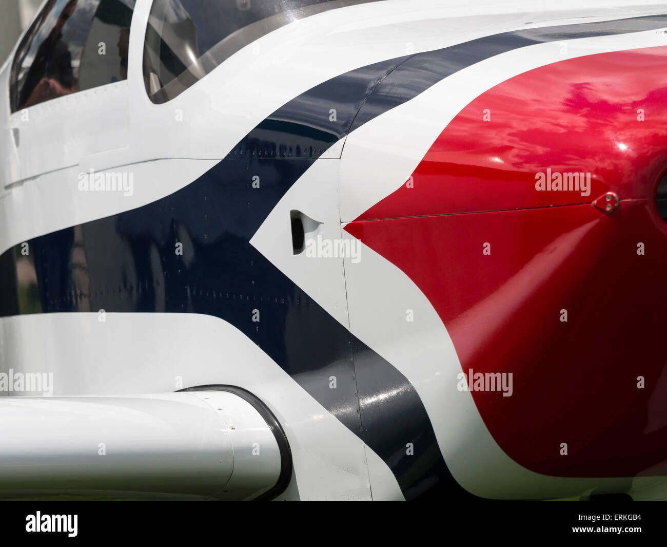 red white and blue graphic colour scheme on a light aircraft,at Aerexpo 2015 aviation event,at Sywell airfield,Northamptonshire, Stock Photo