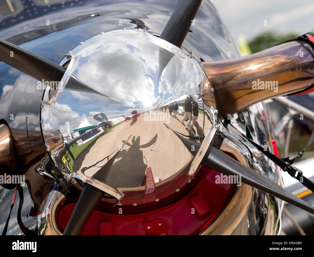 highly polished nose and propeller of a Pilatus aircraft,at Aerexpo 2015 aviation event,at Sywell airfield,Northamptonshire, Bri Stock Photo