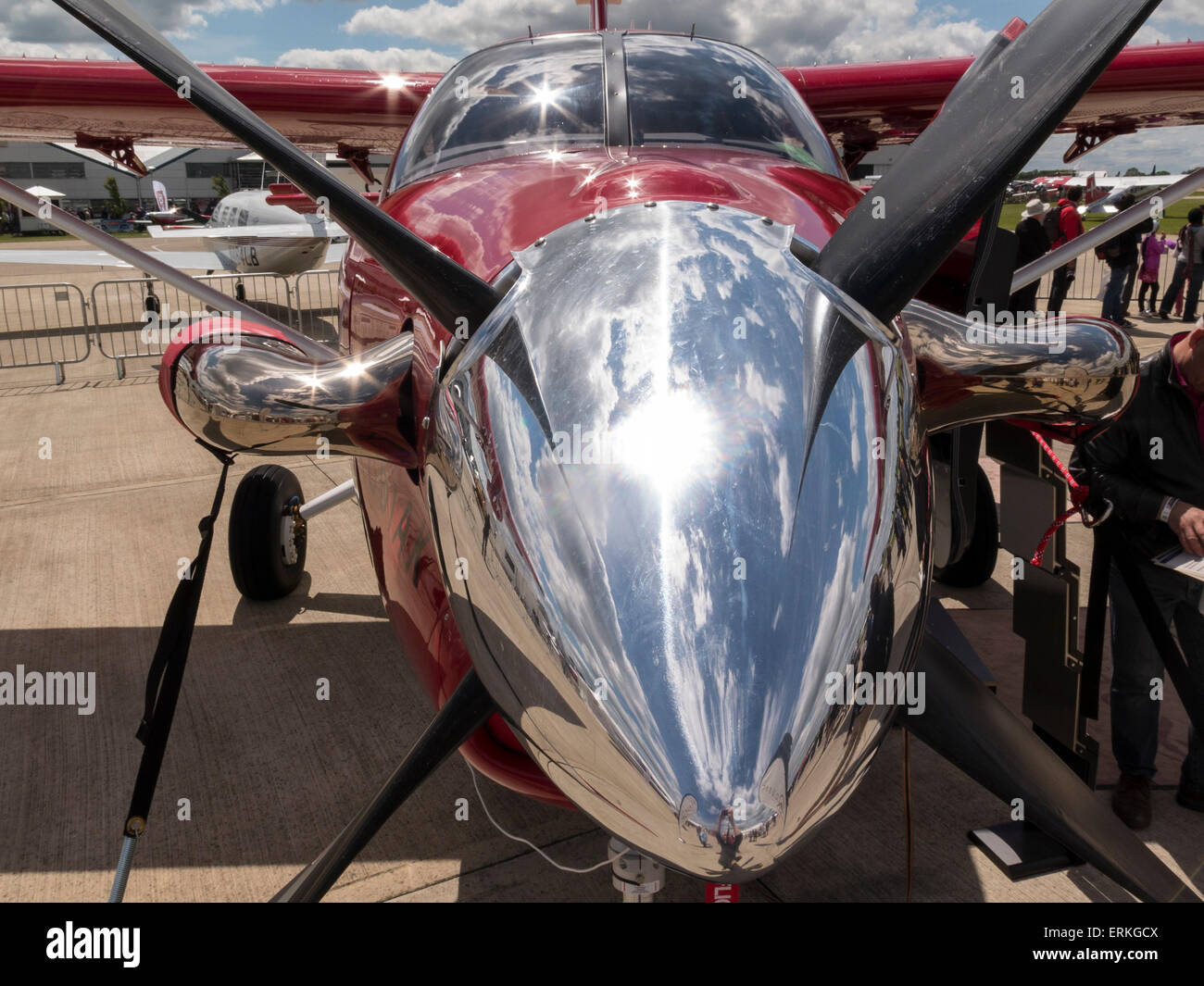 The brightly polished propeller of an executive aircraft,at Aerexpo 2015 aviation event,at Sywell airfield,Northamptonshire, Bri Stock Photo