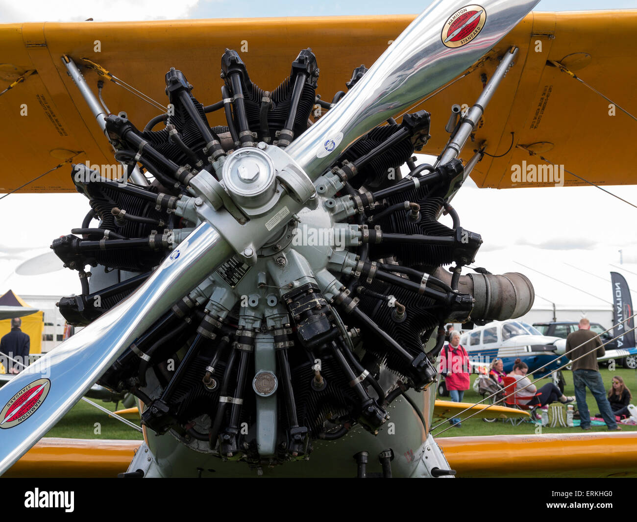 the radial engine and propeller of a Stearman biplane,at Aerexpo 2015