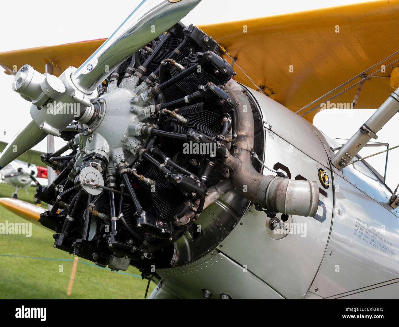 the radial engine and propeller of a Stearman biplane,at Aerexpo 2015