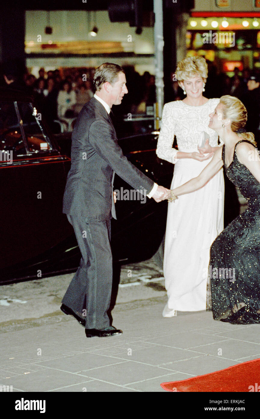 Royal Variety Performance, Dominion Theatre, London,  Monday 7th December 1992. Arrival of Prince Charles & Princess Diana, wearing pink-tinged, ankle-length, silk dress. Stock Photo