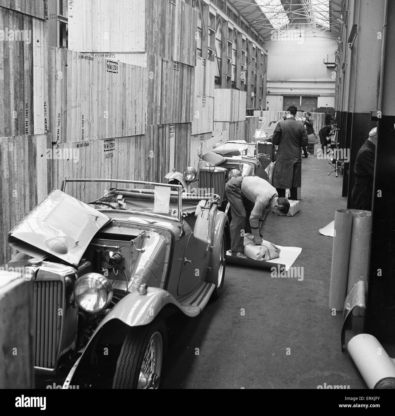 Morris MG Roadsters fresh off the production line await packing for export at Morris's Cowley factory  24th March 1949 Stock Photo