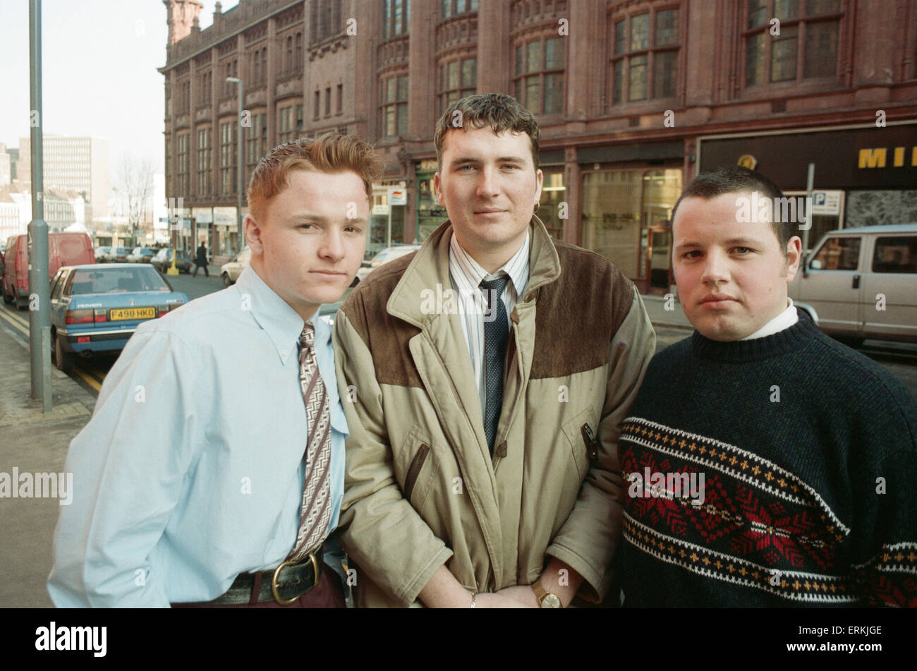 Three football supporters who obtained services at Birmingham City football ground, photographed outside Birmingham Magistrates court. They are left to right: David Elroy, Ray Bond and Scott Finnegan. 15th January 1991. Stock Photo