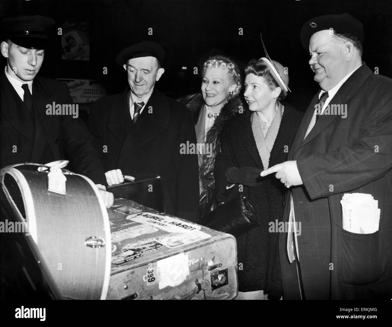Stan laurel and Oliver hardy departing for the United States of America after their second British tour. 14th September 1952 Stock Photo