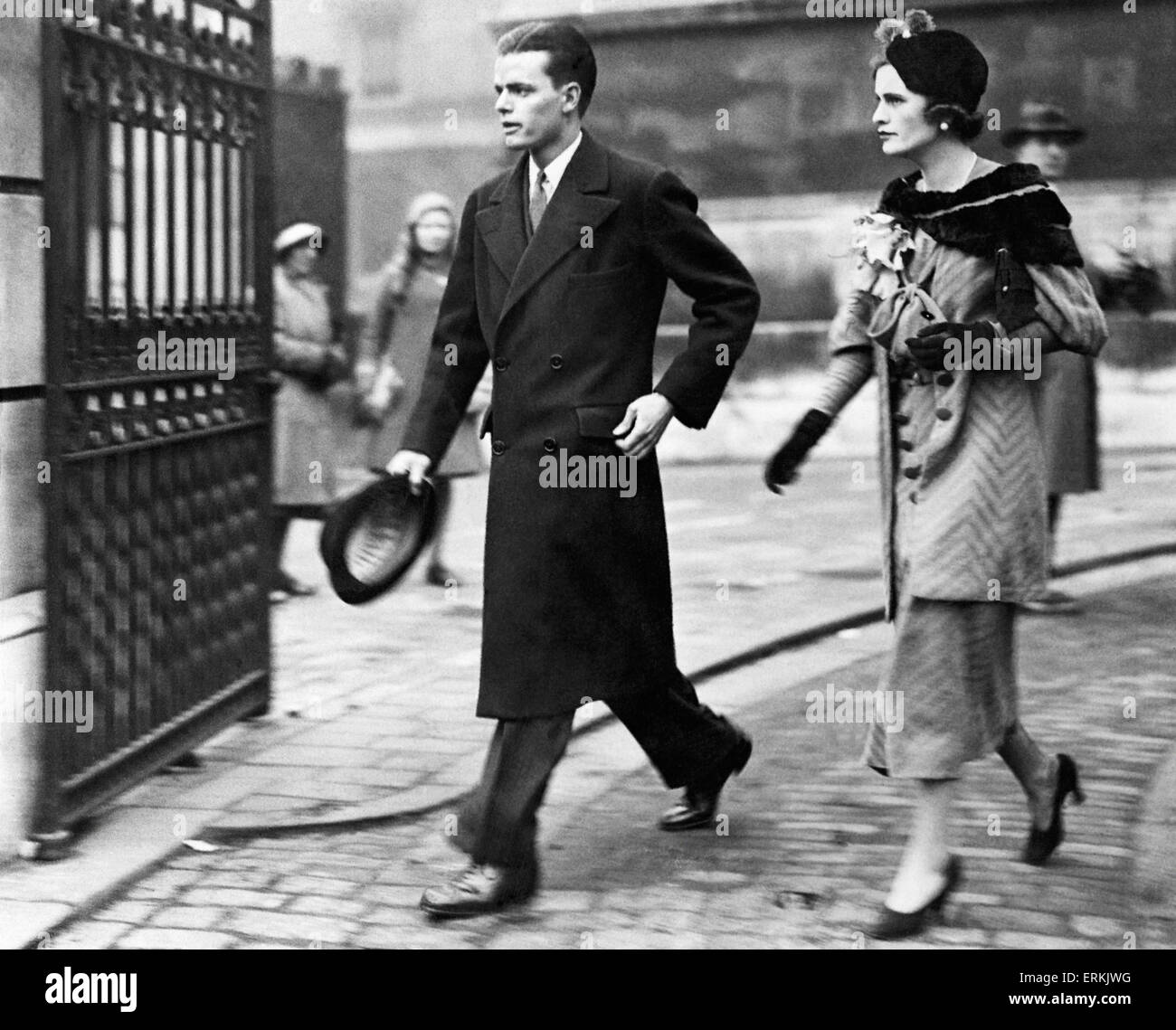 American golder and stockbroker Charles Sweeney and his fiancee Miss Margaret Whigham leaving Brompton Oratory after attending a rehearsal for their wedding the next day. 20th February 1933. Stock Photo