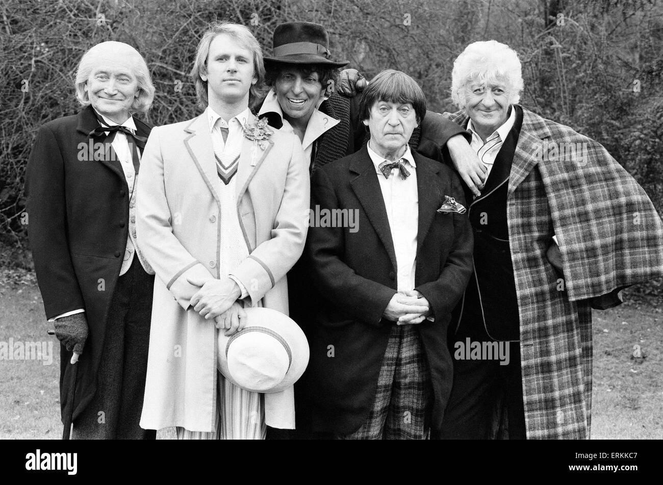 Photocall for special 90 minute Doctor Who episode titled 'The Five Doctors', which will celebrate 20 years of the sci fi series, 17th March 1983.  Peter Davidson - the current doctor will be joined by his predecessors Patrick Troughton the 2nd doctor - Jon Pertwee the 3rd doctor & Tom Baker the 4th doctor will be seen in vintage footage, with the role of the first doctor being played by Richard Hurndall (standing in for the late William Hartnell.    Actor Tom Baker did not attend the photocall & was substituted by his waxwork from Madame Tussauds. Stock Photo