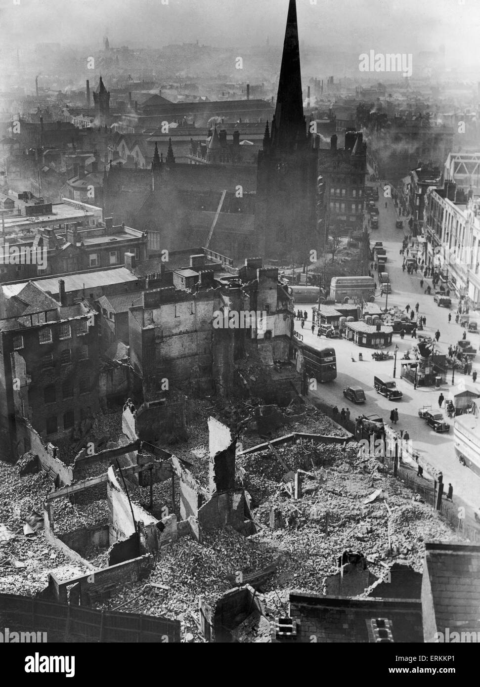 Aerial view showing bomb damage around St Martin's Church in the Bull Ring, Birmingham during the Second World War. 6th May 1941. Stock Photo