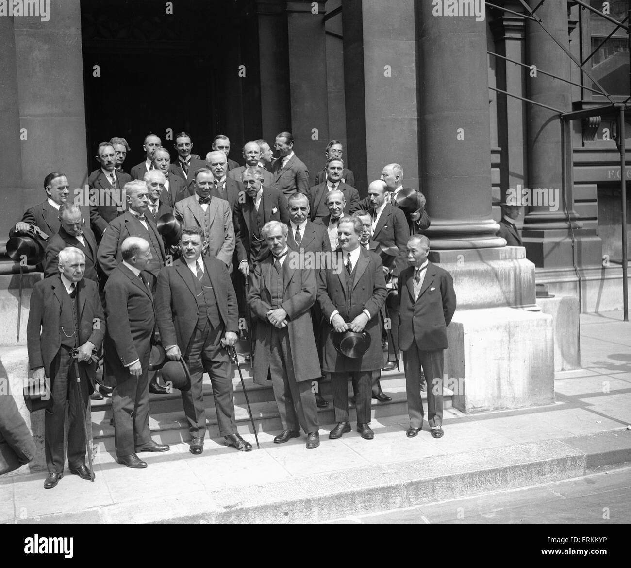 Inter-Allied conference in London  17th July 1924 Front row left to right Frank Kellogg (US Ambassador) Georges Theunis (Belgium Prime Minister) ¿ouard Herriot (French Prime Minister) Ramsay MacDonald (British Prime Minister and Foreign Secretary) Signor De Stefani (italian Finance Minister) and Baron Hayashi (Japanese Ambassador ) The conference was called following Germany defaulting on reparation payments following the end of the First Wiorld War and the French occupation of the Rhur Stock Photo