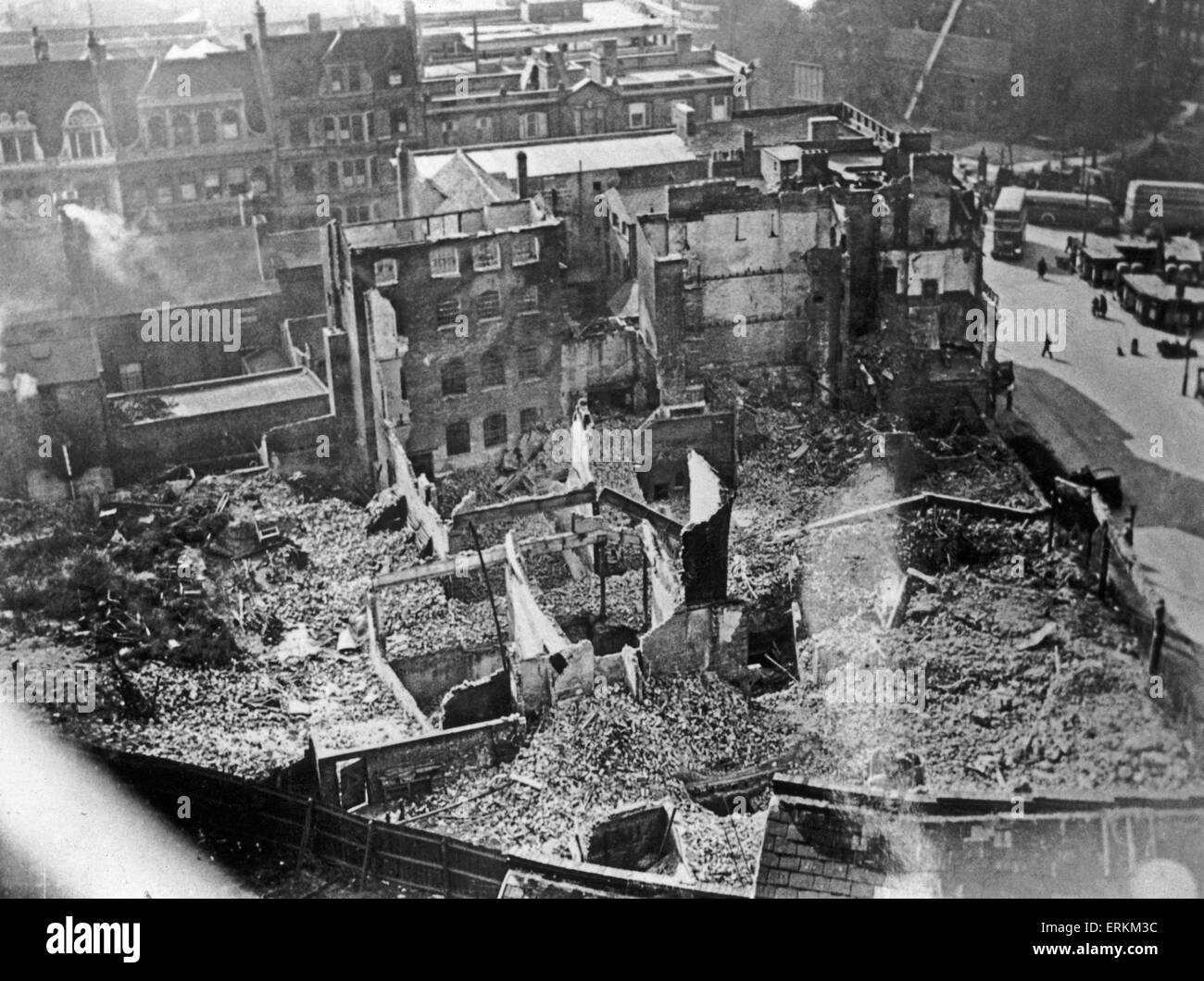Aerial view showing bomb damage around the Bull Ring, Birmingham during the Second World War. 10th April 1941. Stock Photo