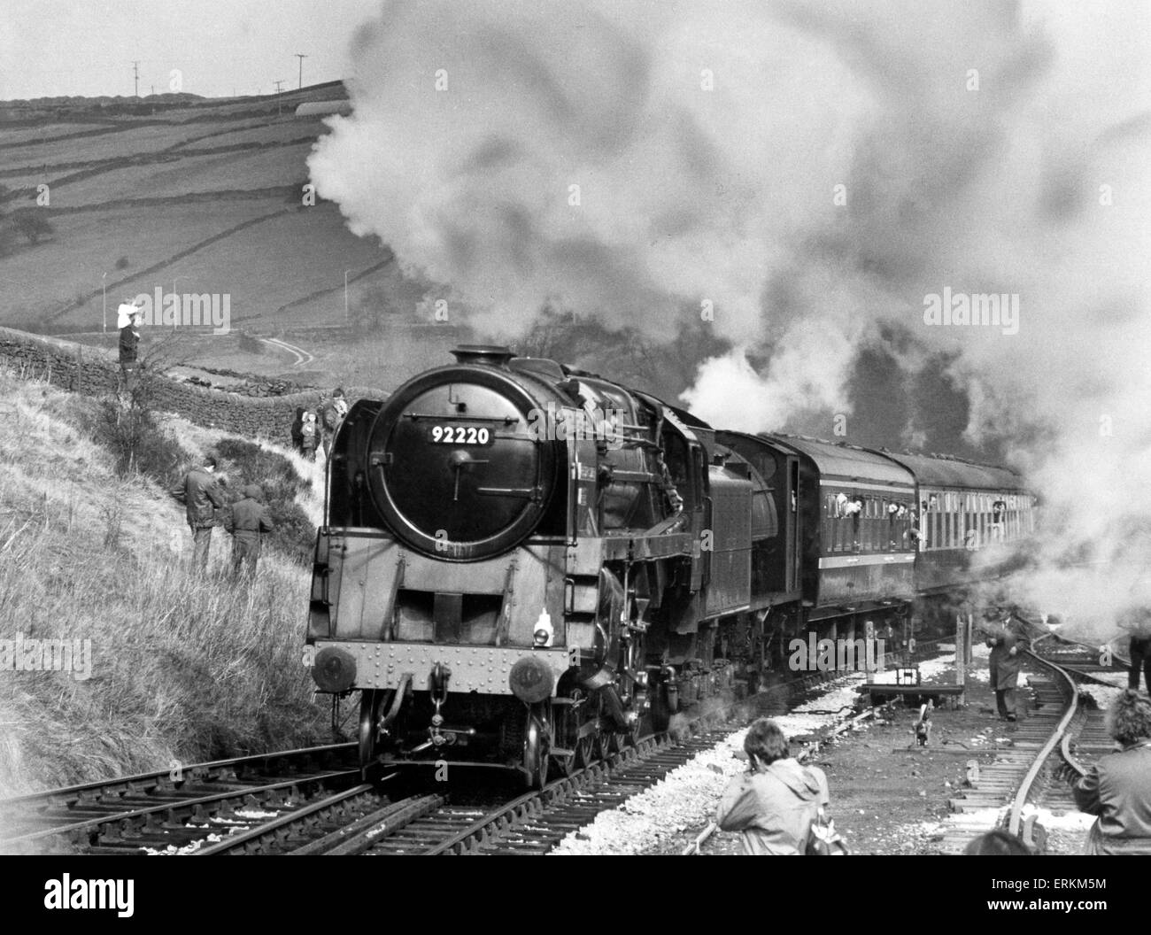 Evening Star, the last British rail steam locomotive to be built in Britain pulls in to Oxenhope station during the Worth Valley Railway's annual open day for enthusiasts. December 1982. Stock Photo