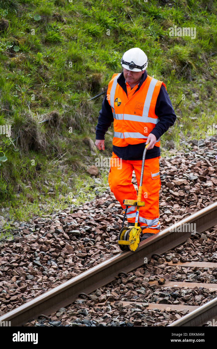 Tebay, Cumbria, UK 4th June, 2015. Health and Safety for Men at Work. Network Rail Engineers, rail engineer,  on Settle Carlisle Line, working on rail track maintenance. Inspectors, Safety engineers, employees, rail workers, workmen, renewing railway lines and Infrastructure surveyors inspecting & measuring the transport freight line track at the summit of Ais Gill. The railway's summit at 1,169 feet (356 metres) is north of Garsdale is the highest mainline in England,  and carries heavily loaded main line freight trains. Stock Photo