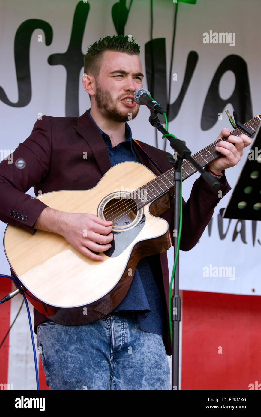 Folk singer Ed Goodale performing on stage at the Milland Food, Drink & Music Festival 2015, Milland, Liphook, Hampshire, UK. Stock Photo