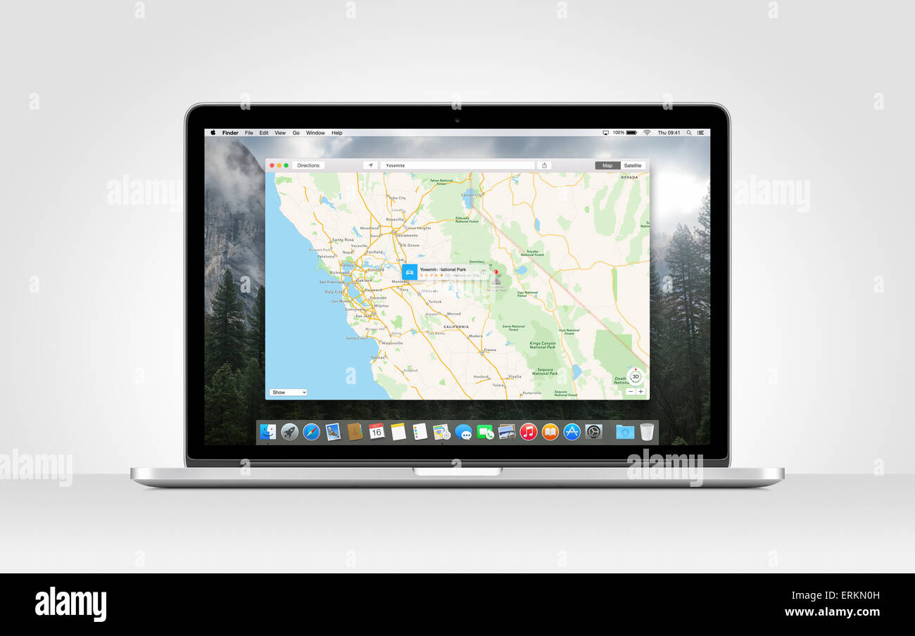 Directly front view of Apple MacBook Pro Retina with an open Maps app on gray background. Varna, Bulgaria - November 03, 2013. Stock Photo