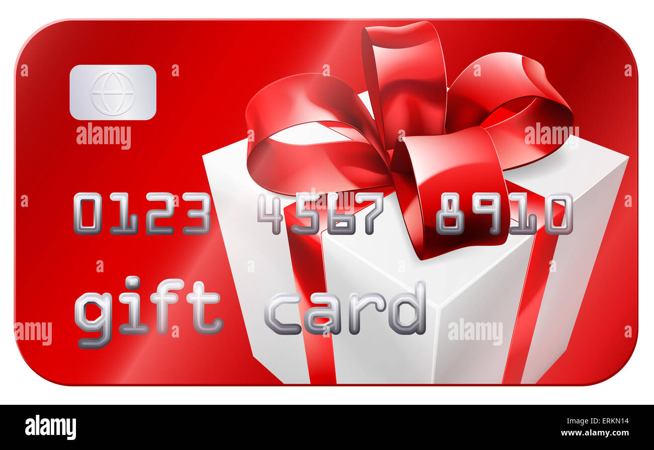 A credit card style gift card illustration with a white gift or present with red bow or ribbon Stock Photo