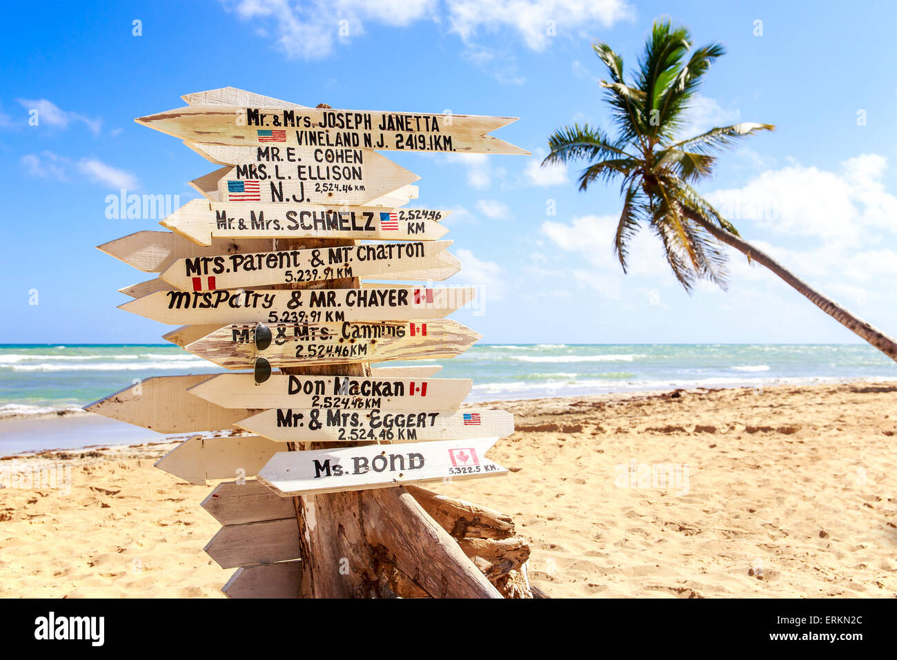 Funny direction signpost with names of newlyweds Stock Photo - Alamy