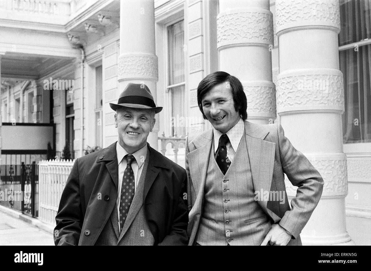 Liverpool manager Bill Shankly with his captain Tommy Smith who attended a disciplinary hearing at FA headquarters at Lancaster Gate, London.  17th May 1973. Stock Photo