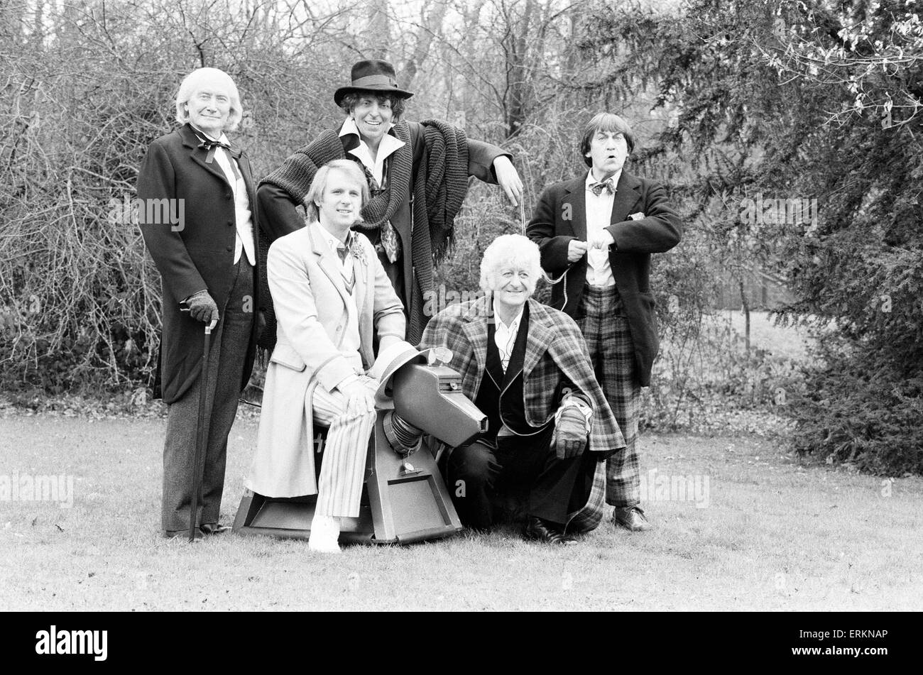 Photocall for special 90 minute Doctor Who episode titled 'The Five Doctors', which will celebrate 20 years of the sci fi series, 17th March 1983.  Peter Davidson - the current doctor will be joined by his predecessors Patrick Troughton the 2nd doctor - Jon Pertwee the 3rd doctor & Tom Baker the 4th doctor will be seen in vintage footage, with the role of the first doctor being played by Richard Hurndall (standing in for the late William Hartnell.    Actor Tom Baker did not attend the photocall & was substituted by his waxwork from Madame Tussauds. Stock Photo