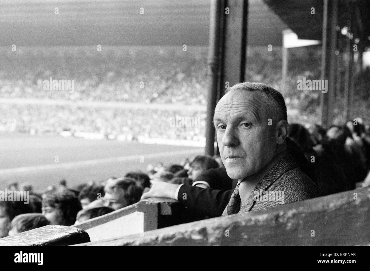 Liverpool manager Bill Shankly watching his team in action from the stands, April 1974. Stock Photo
