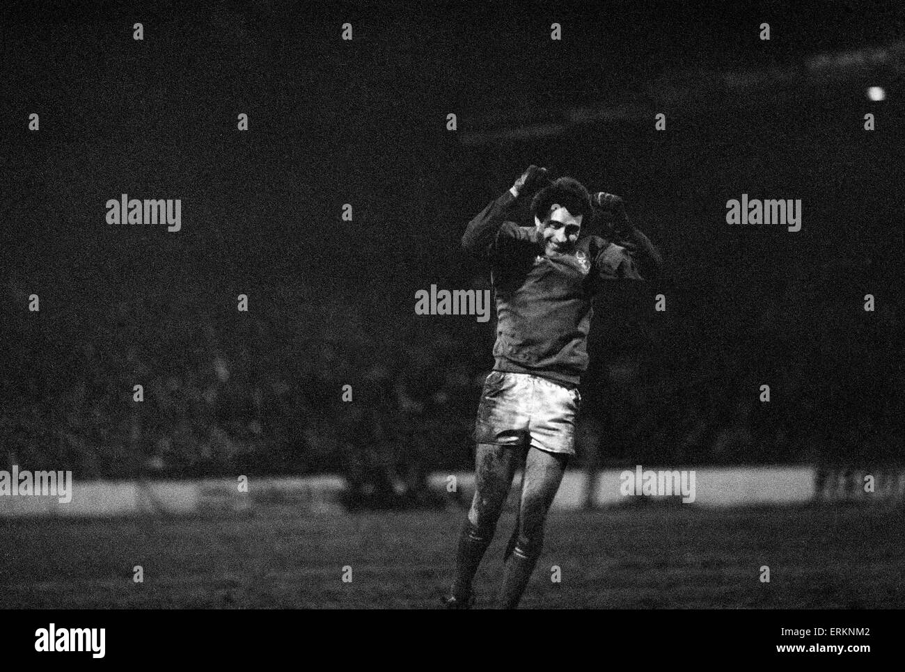 League Cup Semi Final First Leg match at the City Ground.  Nottingham Forest 1 v Liverpool 0. Joy for goalkeeper Peter Shilton as Forest take the lead. 22nd January 1980. Stock Photo