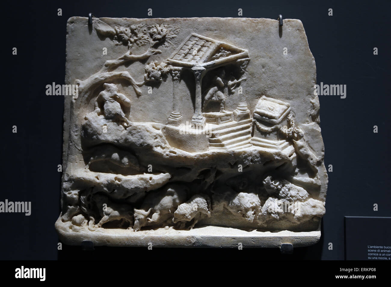 Roman relief. Holy idyllic landscape. Used to decorated private building. 2nd c. AD. Rome. National Roman Museum. Rome. Stock Photo