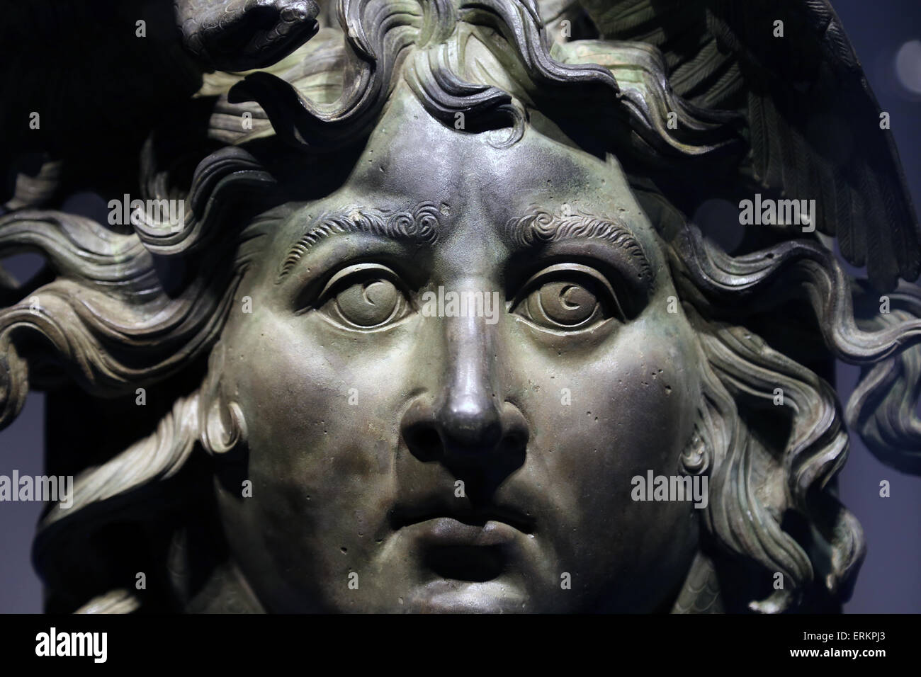 Head of Medusa. Roman. Bronze, lost-wax casting, retouched by hand with burin and chisel. Age of Caligula. 37-41 AC. Roman.Italy Stock Photo