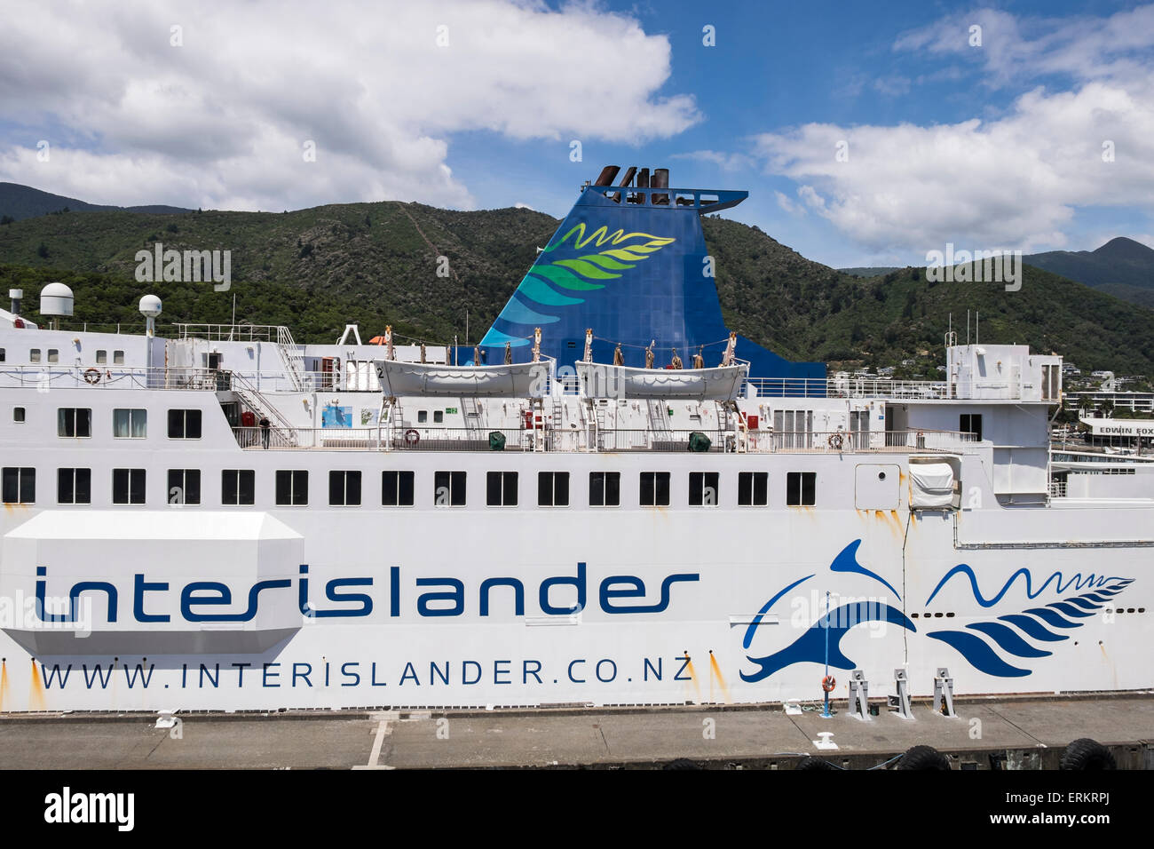 Interislander ferry at Picton harbour before setting sail to the North Island, New Zealand. Stock Photo