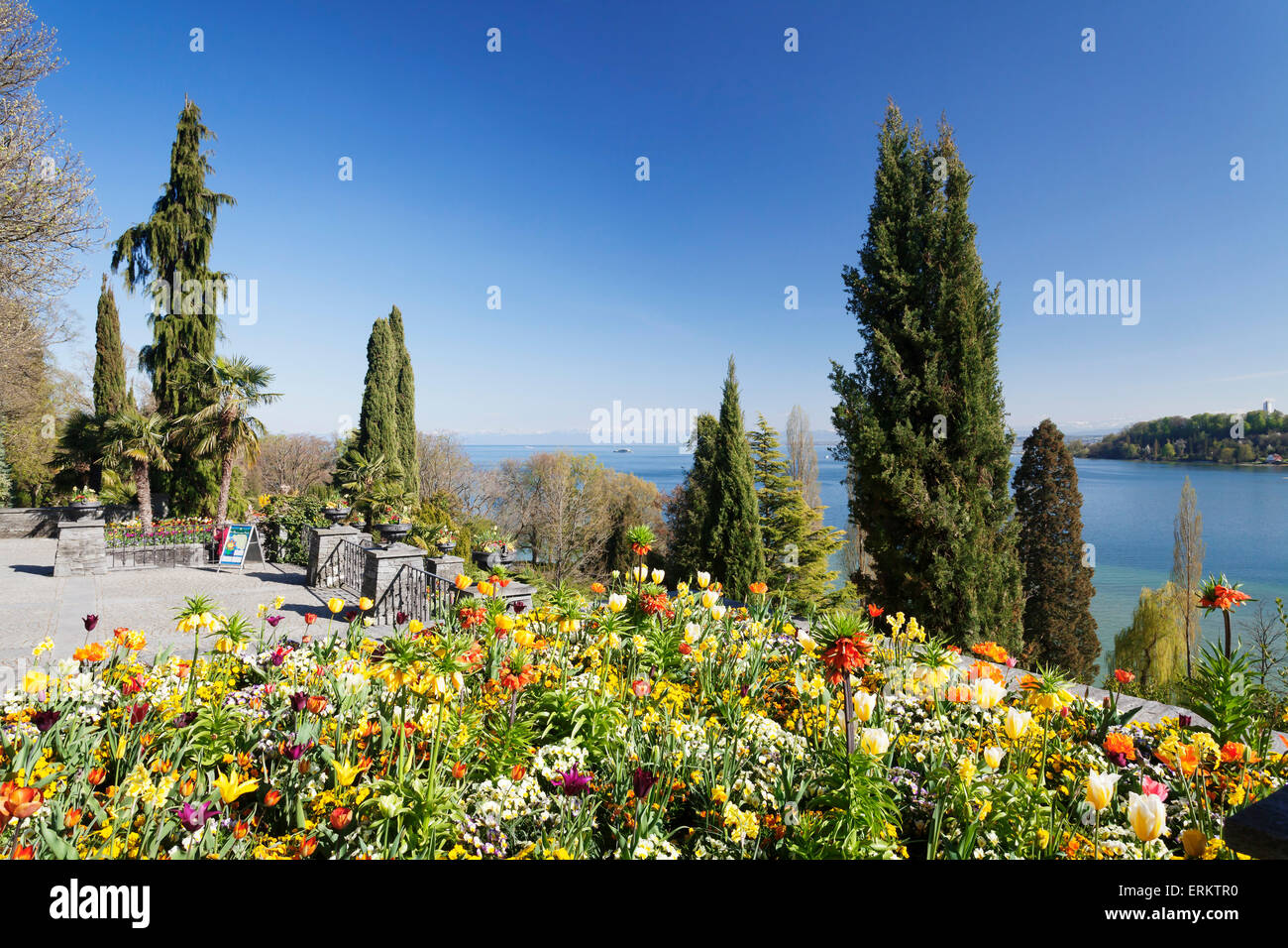 Mainau Island in spring, view over Lake Constance to the Alps, Baden-Wurttemberg, Germany, Europe Stock Photo