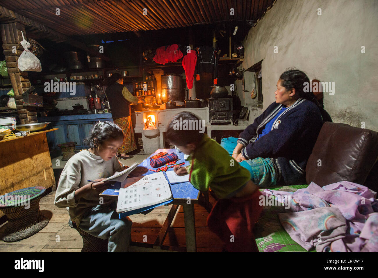Interior of a Tumling house, where a family of the Gurung ethnicity lives at an altitude of 2900 meters, Ilam District, Nepal Stock Photo